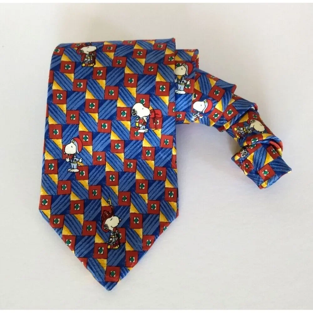 SNOOPY Peanuts Silk Tie Is It Friday Yet? Blue Red & Yellow Geometric Stripe USA